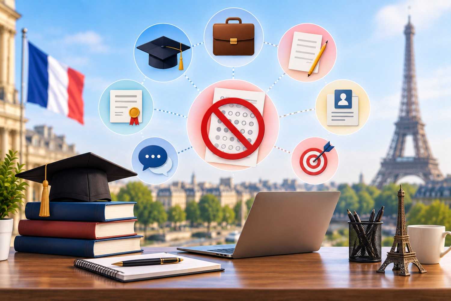Alt text: MBA applicant reviewing GMAT alternatives for studying in France, with application documents, graduation materials and Paris landmarks in the background.